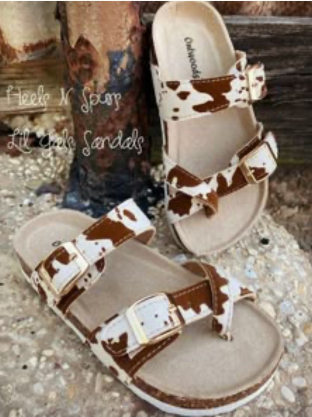 Outwoods Kids Buckle Sandals in White & Brown Cowprint